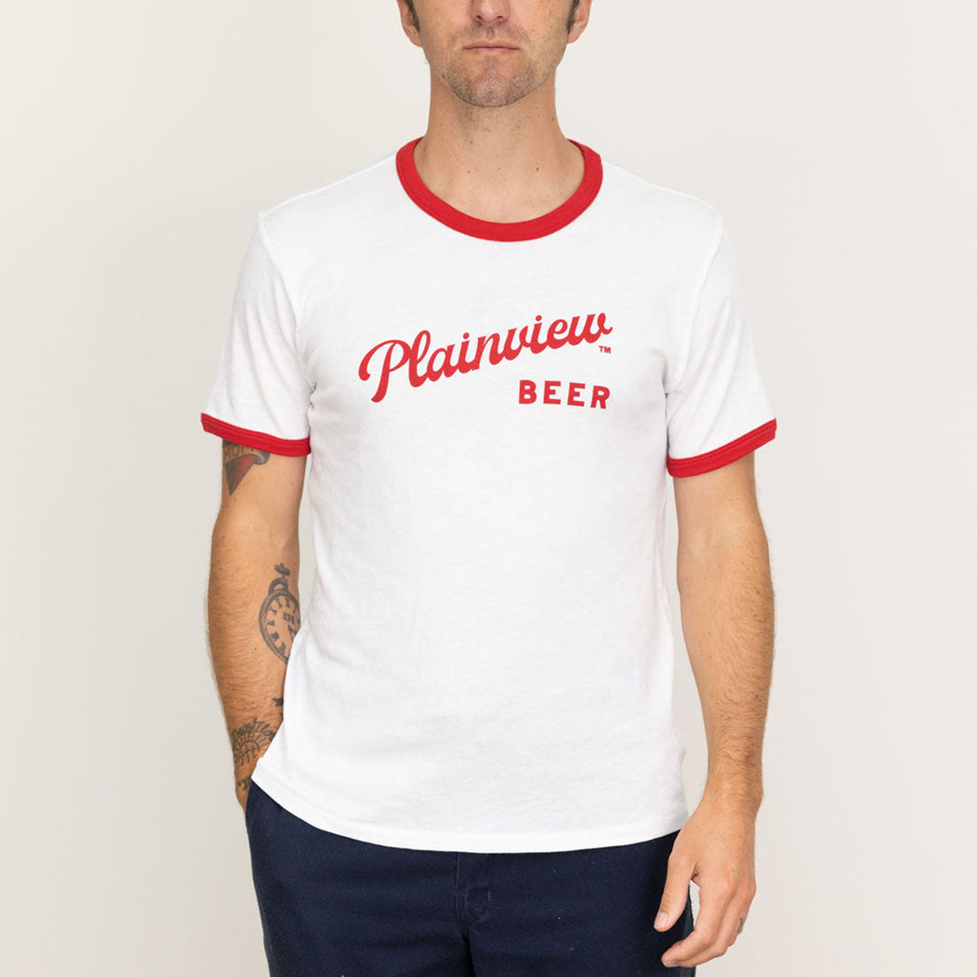 Plainview Script Ringer T Shirt | White/Red