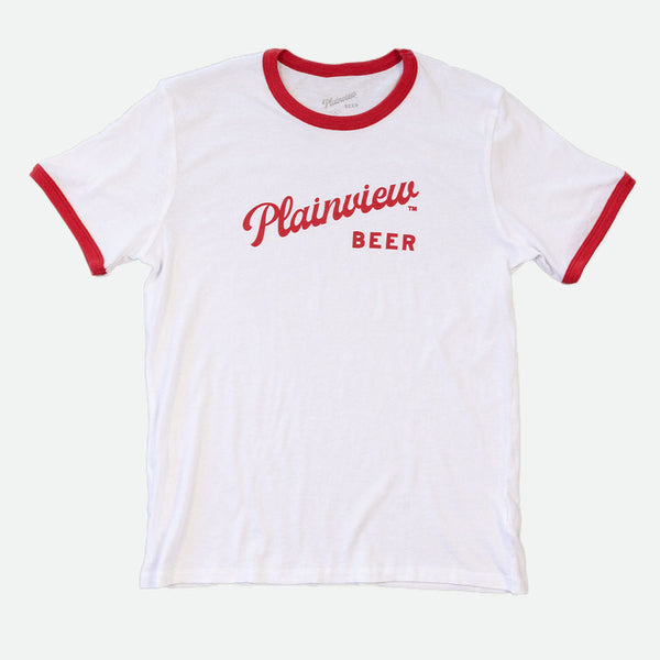 Plainview Script Ringer T Shirt | White/Red