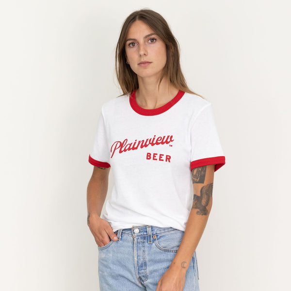 Plainview Script Ringer T Shirt | White/Red